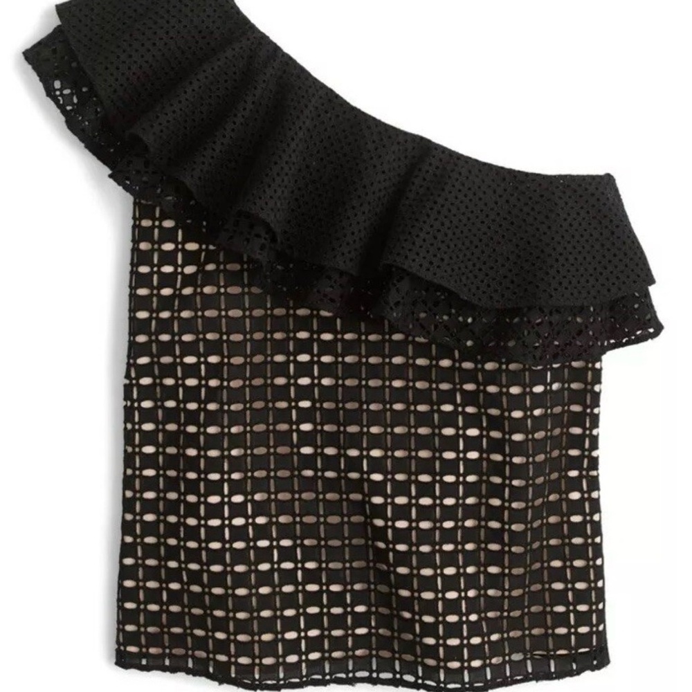 J. Crew Black One-Shoulder Eyelet Ruffle Top